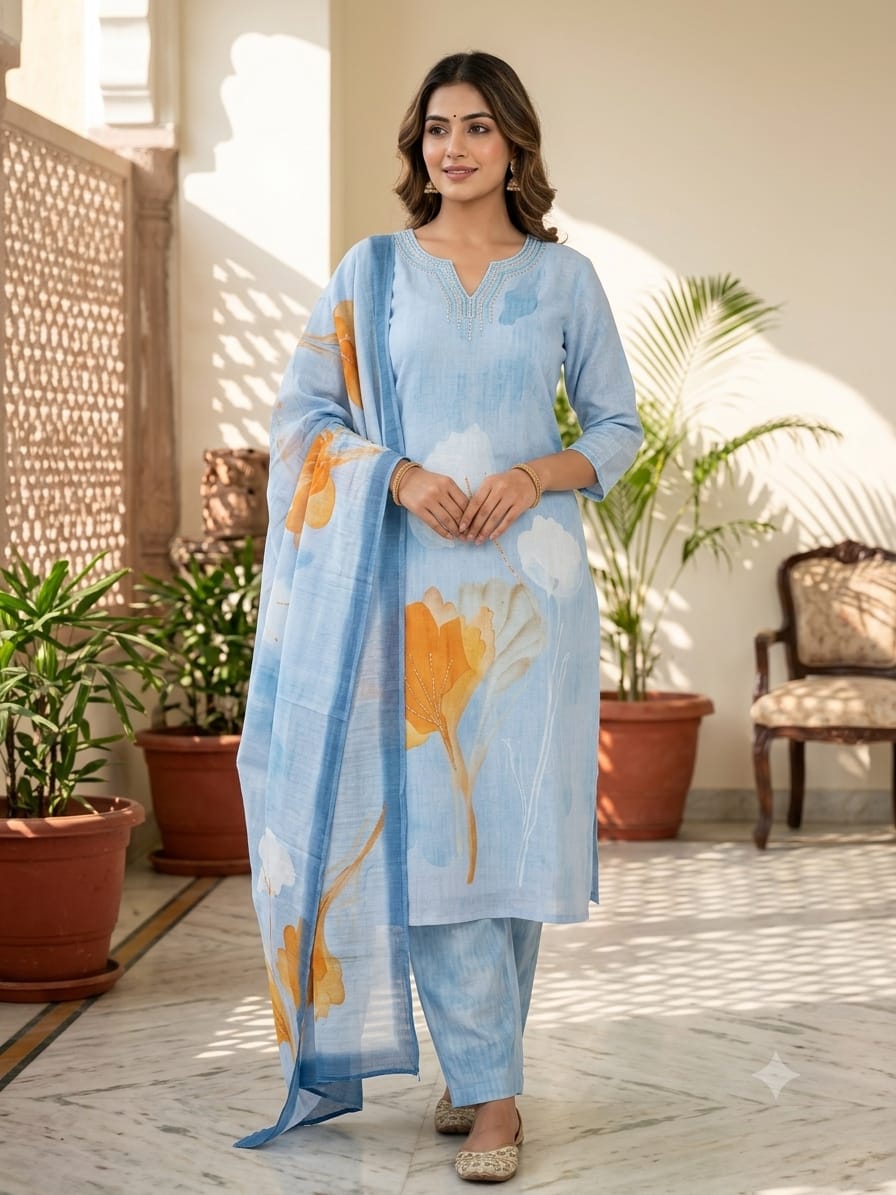 Stitched - print suit with pent duptta 3 ps